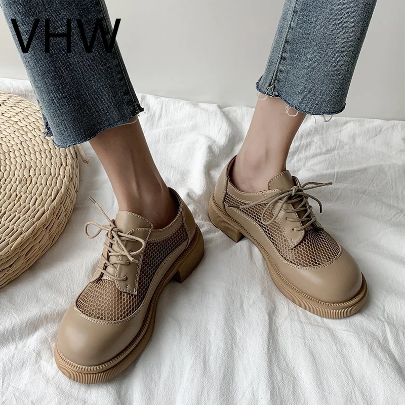 

Women Leather Shoes 2021 Spring Round Toe Mesh Breathable British Style Oxfords Fashion Platform Flats Black Classic Women Shoes