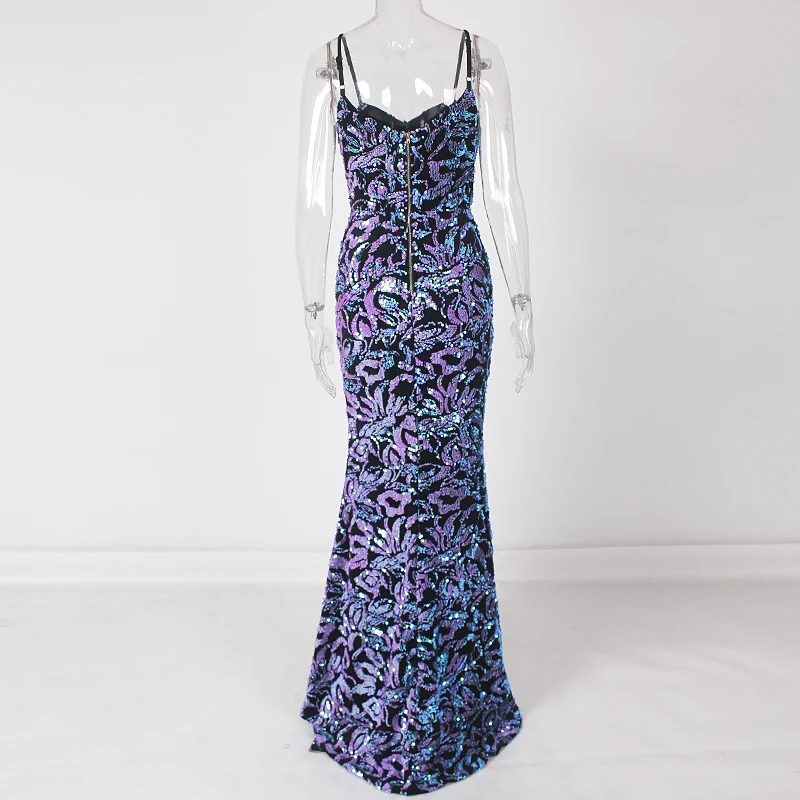 Вечернее платье макси без рукавов с разрезом и блестками|Женские платья| |