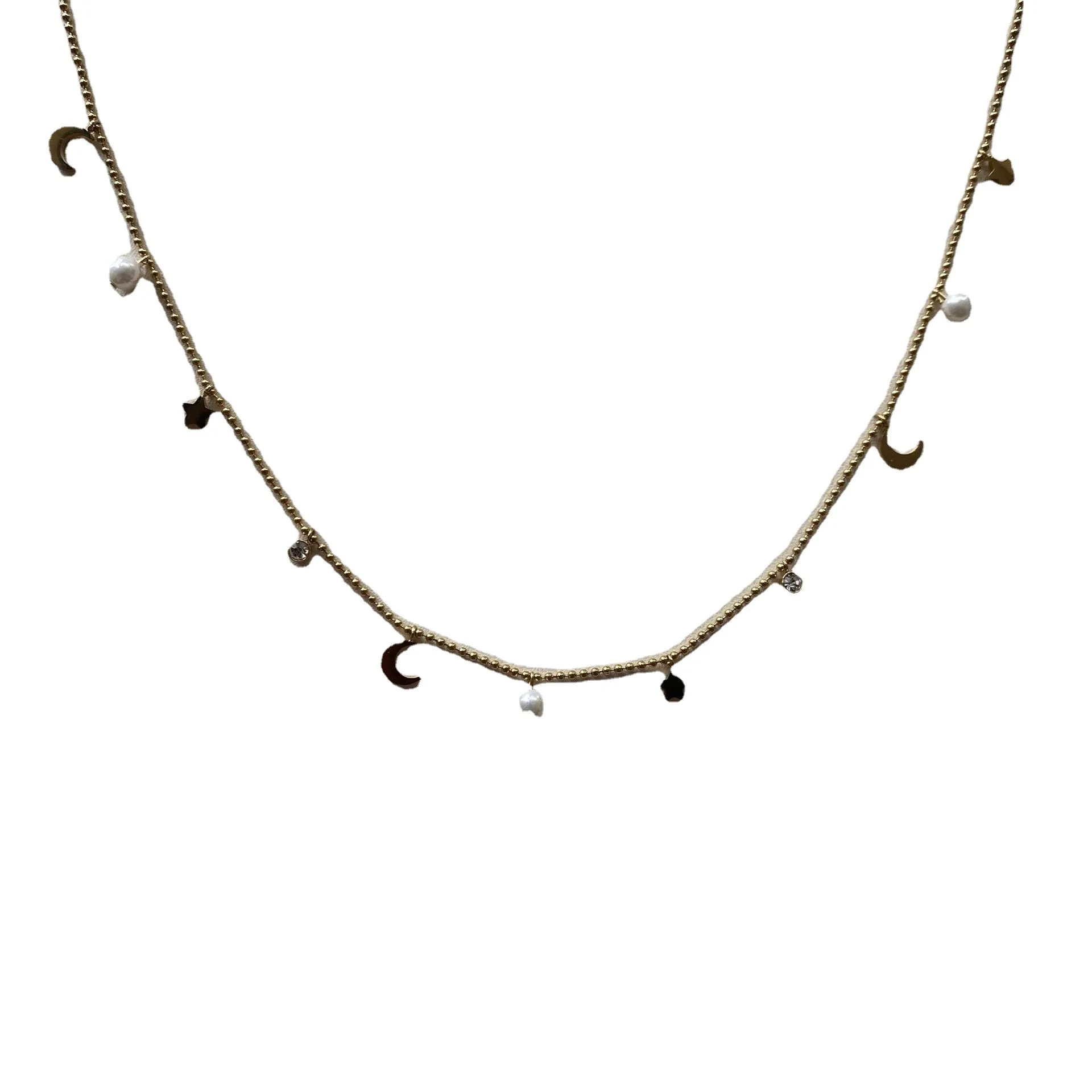 

Spring new round bead fashion clavicle chain zircon pearl simple geometry crescent pendant temperament chain