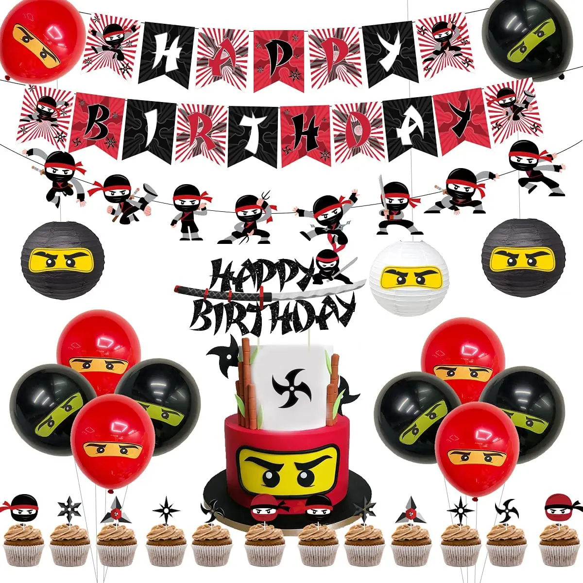 Ninja-Conjunto de decoraci&oacute;n para fiesta de cumplea&ntilde;os para ni&ntilde;os con cartel de Ninja, adornos para tartas de cumplea&ntilde;os y linternas de papel-0