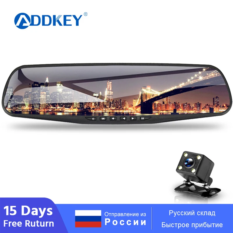 ADDKEY Автомобильный видеорегистратор Full HD 1080P 4,3 дюймов ips сенсорный экран рекордер двойной объектив с зеркалом заднего вида Авто регистратор тире камера dvr