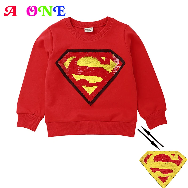 Осенне весенняя футболка с блестками и супергероем свитером Новая модная