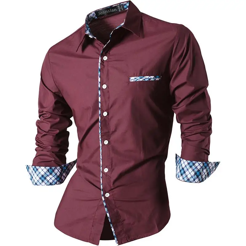 

Jeansian Men's Casual Dress Shirts Fashion Desinger Stylish Long Sleeve Slim Fit Z020 WineRed2