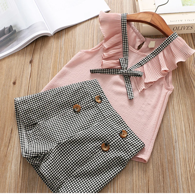 pink Humor Bear/комплект одежды для девочек, мода года, Летний милый жилет с кукольным воротником футболка+ клетчатая юбка Детский комплект боди, одежда для маленьких девочек - Цвет: pink