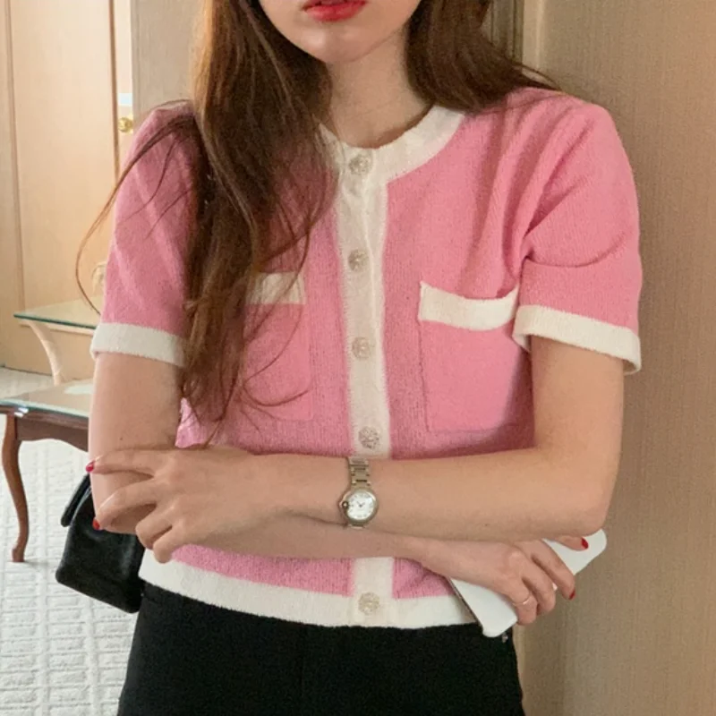 

KUSAHIKI Sweet Contrast Color Chic Knitwear Korean Short Sleeve O-neck Cardigan 2021 Single Breasted O-neck Knitted Coat 6J180