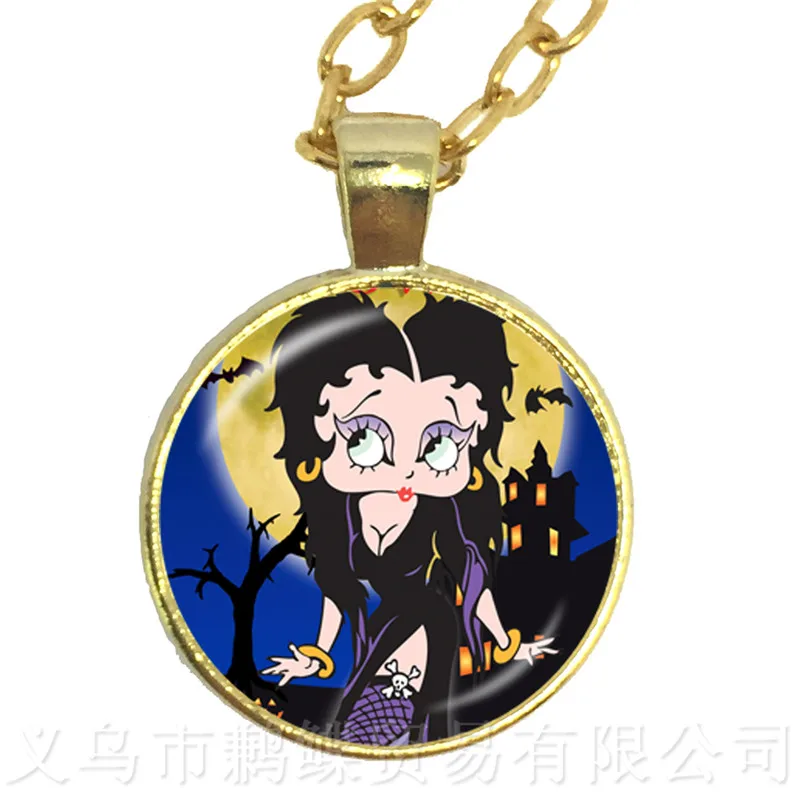 

Betty Boop Series Pattern Round Glass Dome Cabochon Classic Pendant Necklace For Betty Funs Gift Sweater chain