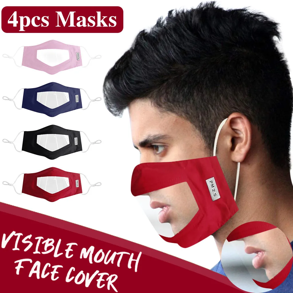 4pc Mask With Clear Window Unisex Black Cotton Simple Masque Cycling Breathable Washable Mouth Face Warm Masks Daily - купить по