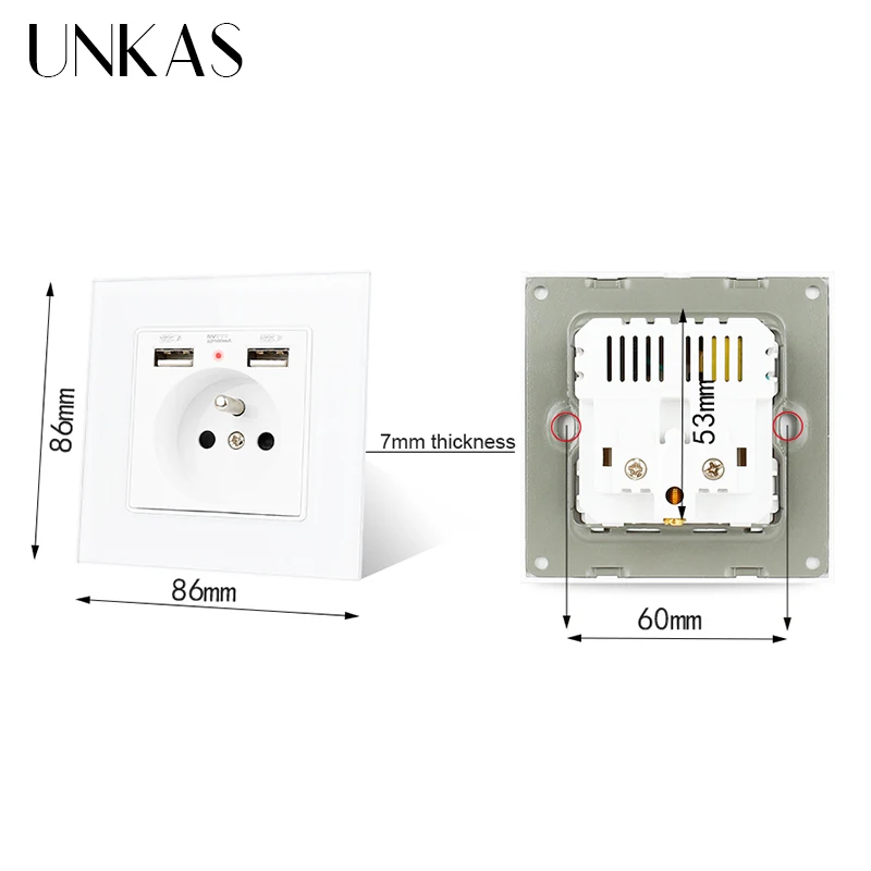 UNKAS Gray Crystal Glass Panel French Power Socket With Dual USB Port Grounded 16A Hidden Soft LED Indicator Electrical Outlet |
