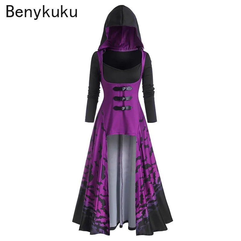 

Purple Halloween Hooded High Low Long Dress Gothic Costumes Women Pullover Vintage Punk Cloak Dress Bat Print Buckle Goth Dress