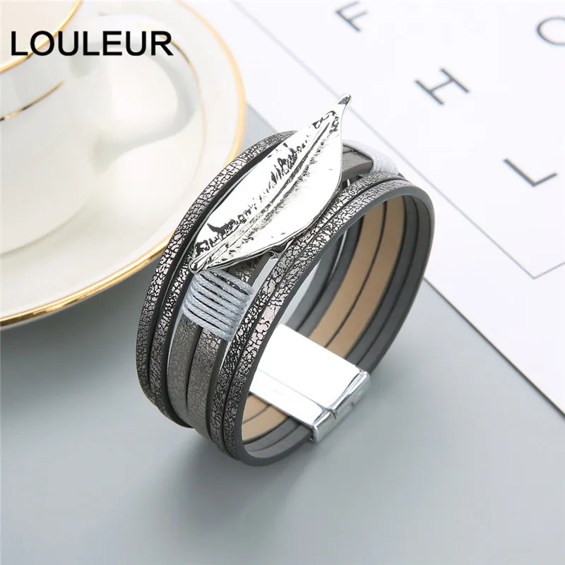 LOULEUR, красный сплав, листья, многослойный кожаный браслет для женщин, Ретро стиль, богемное очарование, широкие браслеты и браслеты, ювелирное изделие, подарок