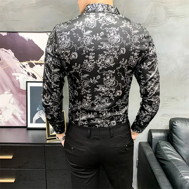 

2021 Spring New Fashion Luxury Print Long Sleeve Shirts Men Tuxedo Simple All Match Slim Fit Casual Camisas Para Hombre 3XL-M