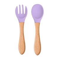 2pcs baby silicone spoon fork wooden handle cutlery set baby food feeding spoon candy color soft silicone cutlery
