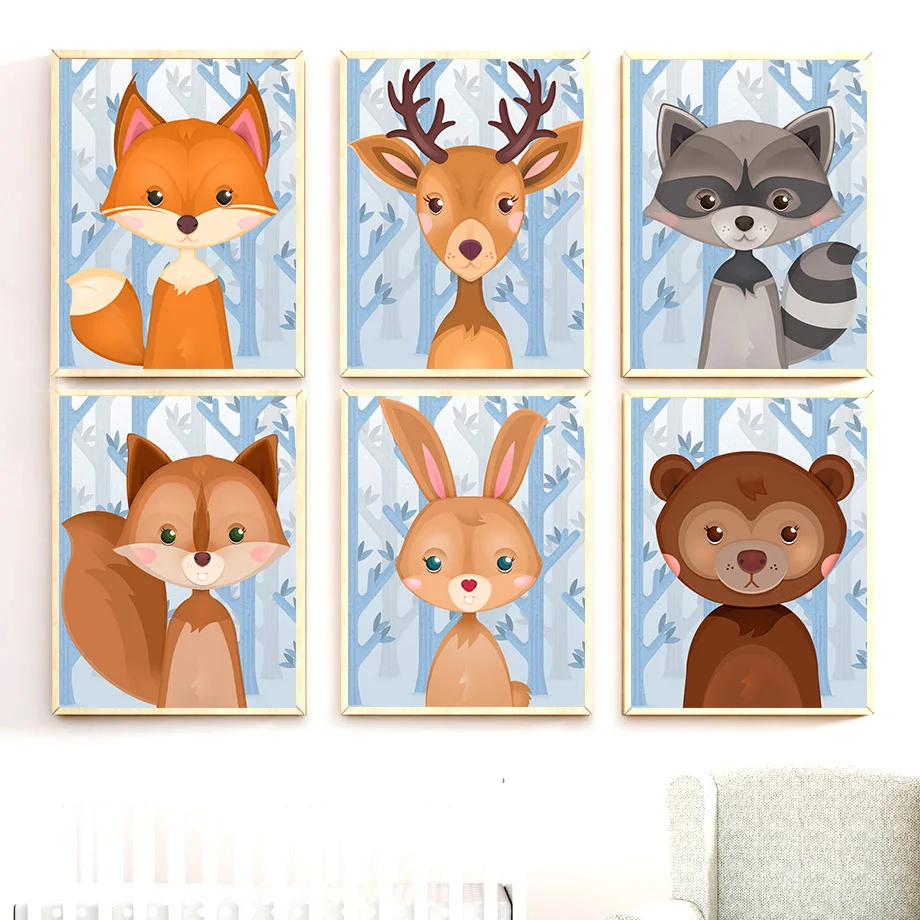 Картина на холсте с изображением енота лисы белки кролика оленя мультфильма