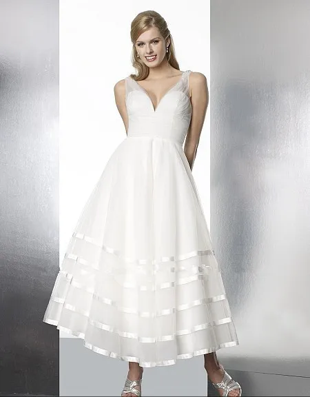 

free shipping short features V-neck illusion neckline debutante bias band detailing ivory custom made bridal gown wedding dress