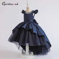 puffy highlow layers flower girl dresses satin bow knot first communion dresses pearls neck cap sleeves pagnant dresses