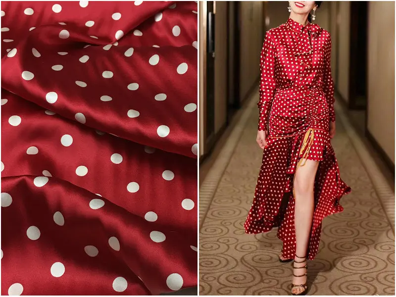 

Heavy silk fabric new summer 19mm red bottom white dot print stretch silkworm silk satin dress fabric