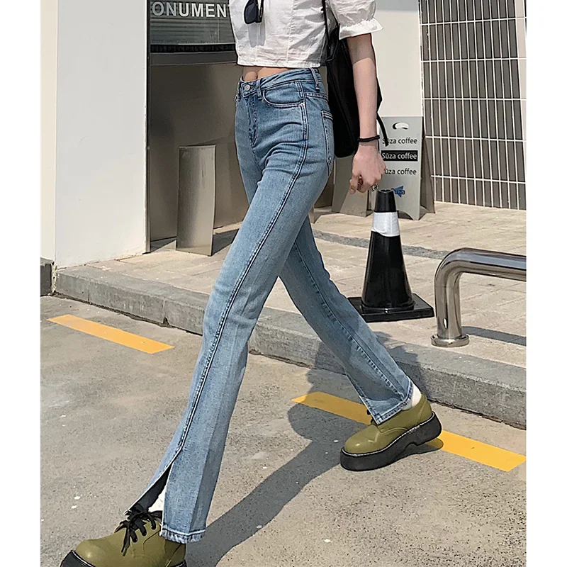 Новая Корейская версия 2021 облегающие слегка синие прямые брюки на ощупь с