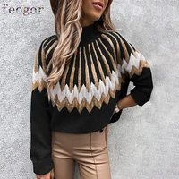 new women clothing urban keep warm printed turtleneck long sleeve loose casual sweater knitting pullover 2021 autumn winter