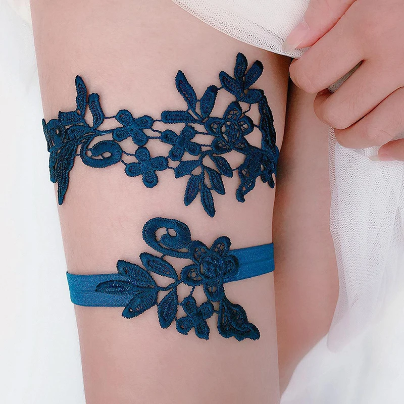 

1Pair Wedding Garter Navy White Embroidery Floral Sexy Garters Women/Female/Bride Thigh Ring Bridal Lace Leg Ring Loop