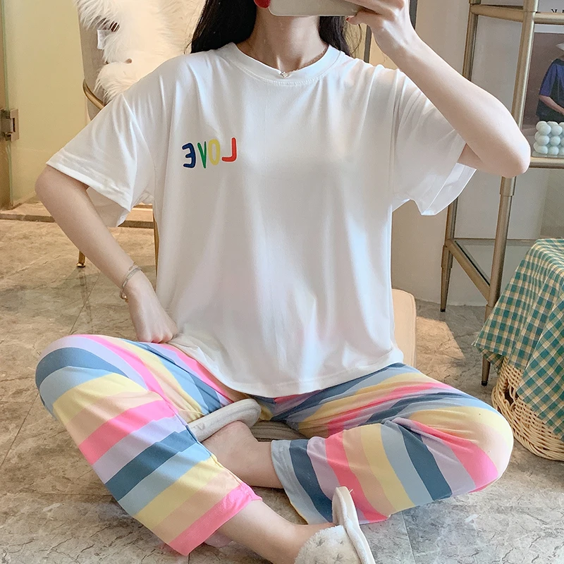 Sleepwear Sets for Women Lovely Pattern Pajamas Set Thin Cotton Short Sleeve Pant Home Wear Lazy Style Lady Underwear Pijamas | Женская