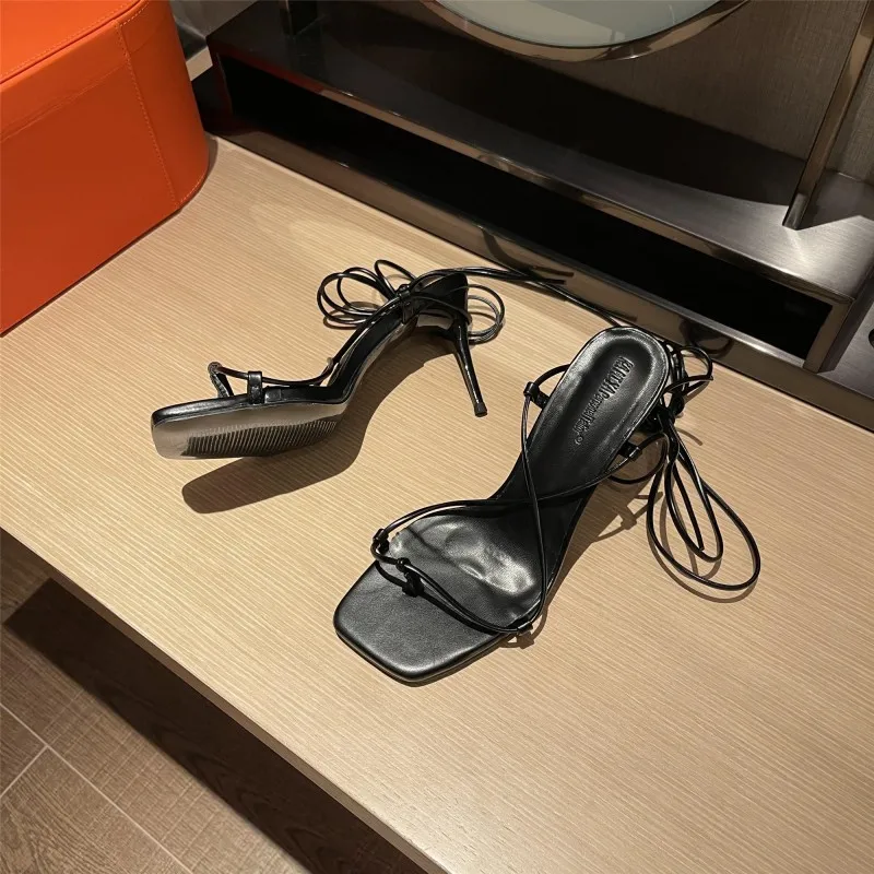 

Sandals Stiletto Heels 2021 Summer Cross-Shoes Suit Female Beige Gladiator High Lace Up Black Low Girls Comfort Fashion New Lac