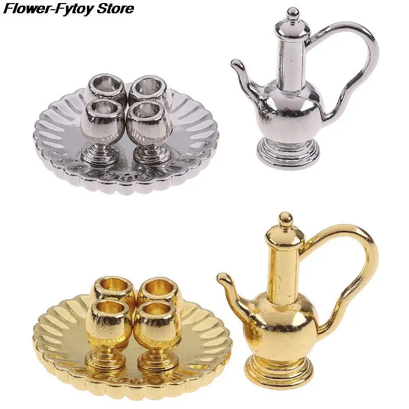 

6pcs/set 1:12 Dollhouse Miniature Accessories Mini Flagon Wine Pot Cup Tray Simulation Furniture Model Toys For Doll House Decor
