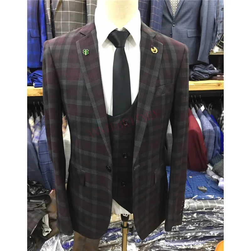 Мужской повседневный блейзер в клетку 3 шт. Модный облегающий костюм для жениха