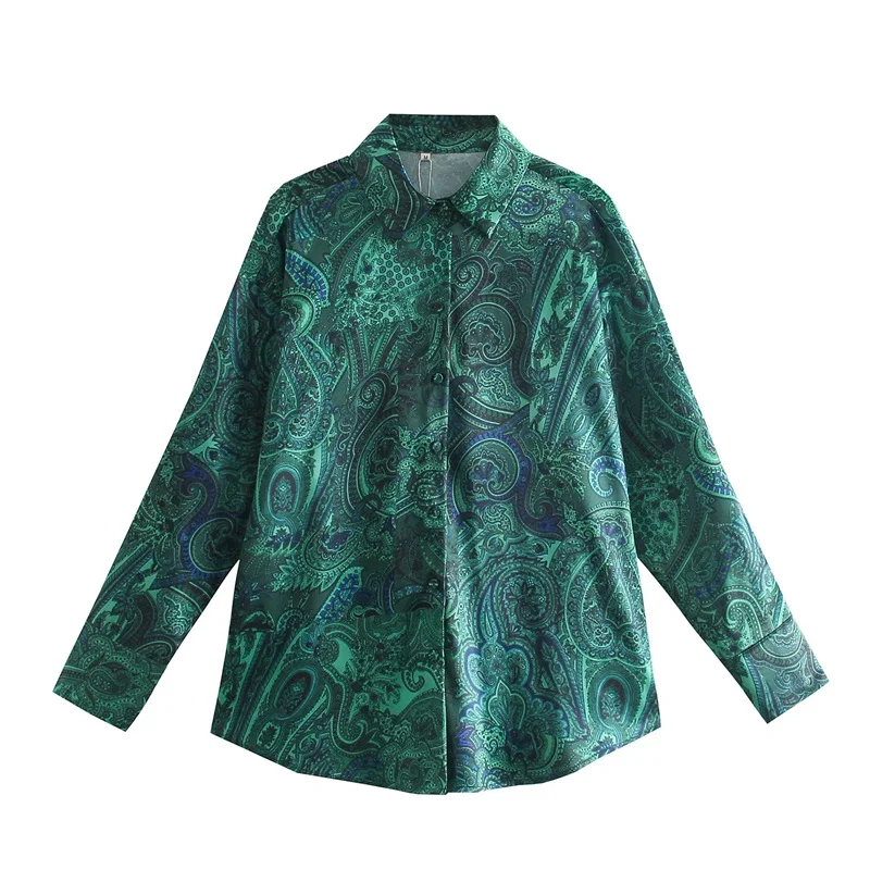 

TRAF Women 2021 Fashion Totem Print Loose Blouses Vintage Long Sleeve Buttons-up Female Shirts Blusas Streetwear