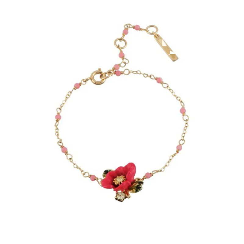 

European and American Temperament Net Red Bride Red Peony Bracelet Enamel Color Glaze Flower Green Leaf Simple Ins Gift Female