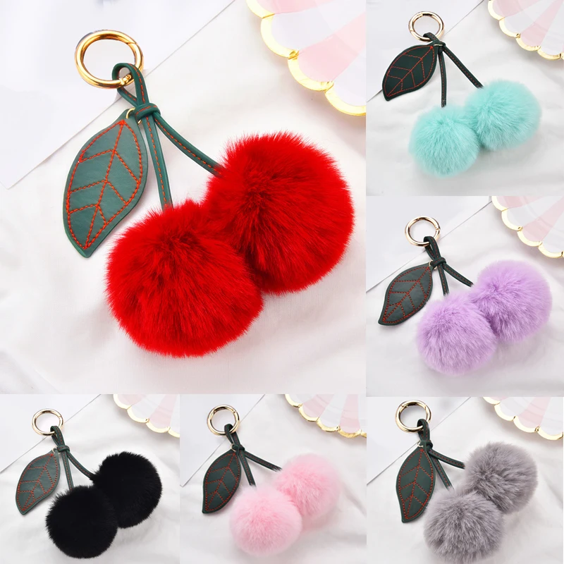 

1PCS female fashion fruit cherry fur ball keychain plush bag pendant imitation rex rabbit fur ball accessories S78