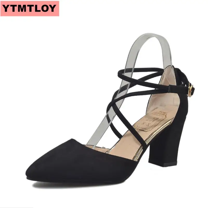 Тонкие Туфли из замши Женские летние босоножки на высоком толстом каблуке с