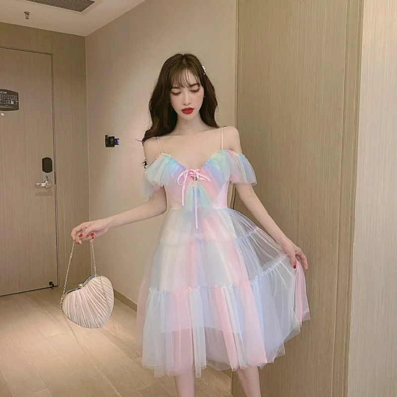 

2021Summer Women Lolita Party Dress V Neck Suspenders Rainbow Fairy Tulle Dress Kawaii Cute Pestal Mesh Tiered Dress
