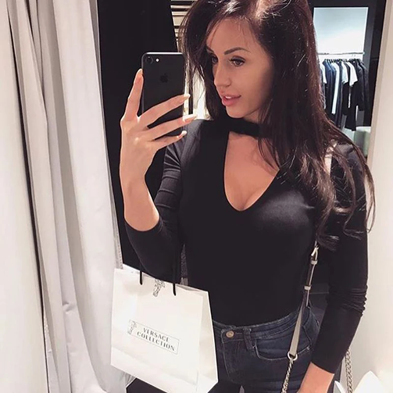 

2019 Sexy Womens Long Sleeve Bodysuit Choker Romper Deep V Neck Bodycon Body Suit One Piece Fitness Overalls For Women