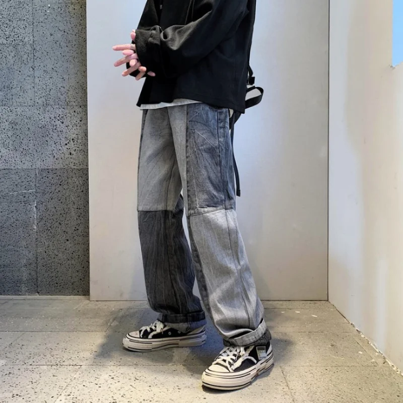 

Men's Korean Style Stitching Loose Jeans Student Basic Harajuku Jeans Pants hip-hop street straight wide-leg Denim Jeans Men
