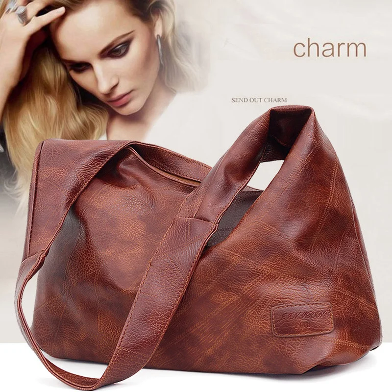 

2021 New Women PU Leather Luxury Handbags Casual Large Capacity Tote Bags Female Vintage Solid Shoulder Bags Feminina Sac Pouch