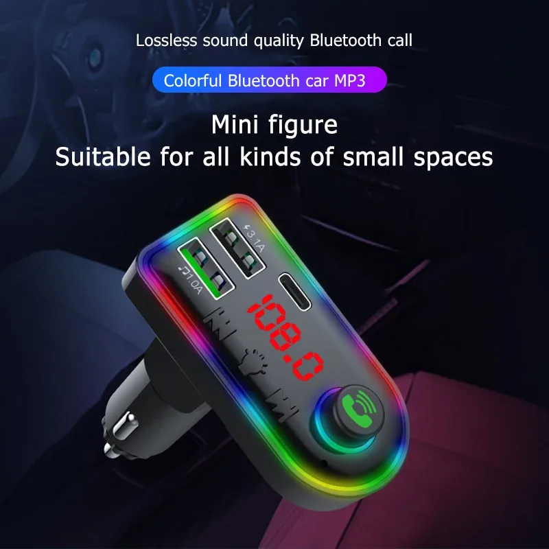 

3.1A + PD 18W Charger Car Mp3 Player Handsfree Bluetooth 5.0 FM Transmitter Modulator 7-color Atmosphere Light Car Kit TF/U Disk