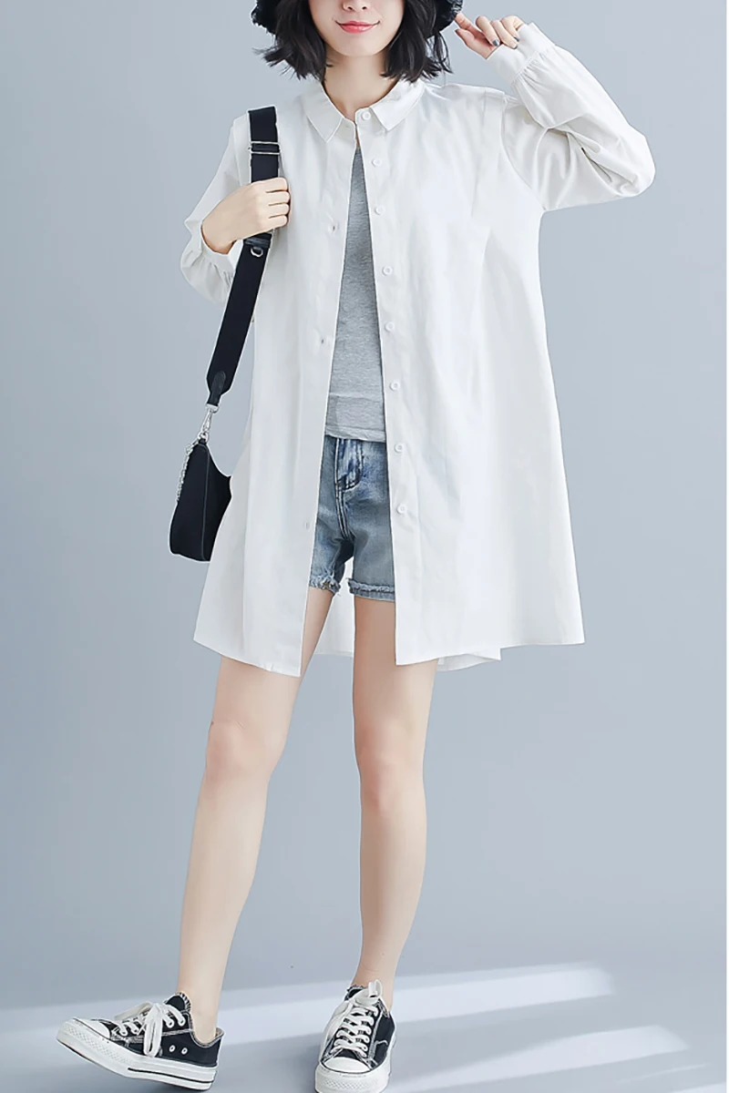 

LZMONE Spring 2021 New Large Women's Shirt Medium Length Loose Long Sleeve Versatile Solid Color Cotton Linen Shirt