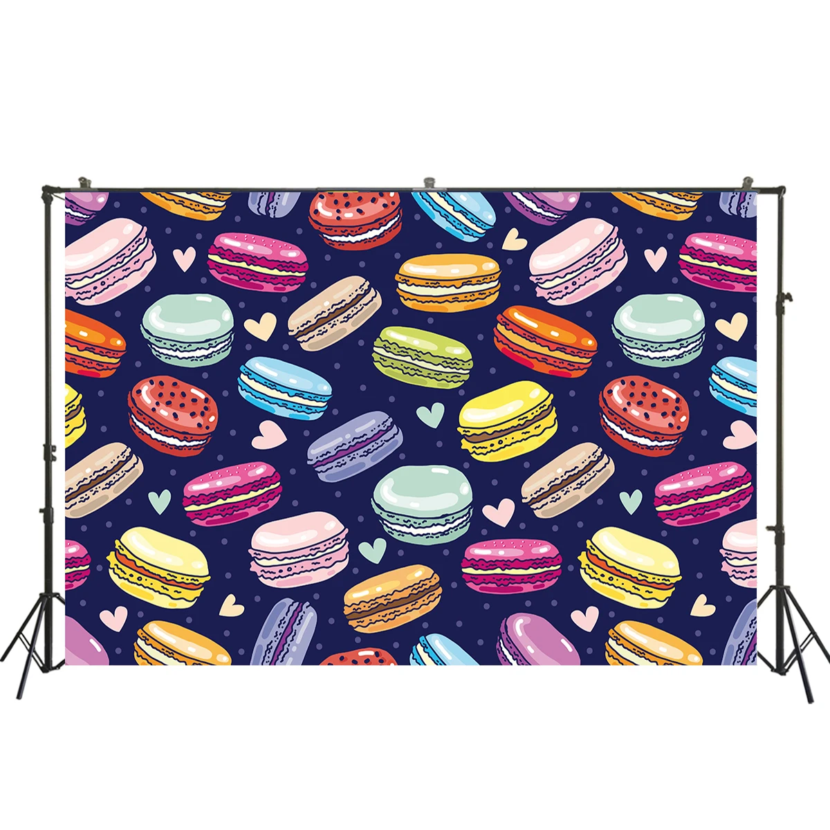 Kids Baby Photo Booth Background Seamless Assorted Macarons Pattern On Navy Blue Backdrop Photography Studio Portrait Wallpaper |