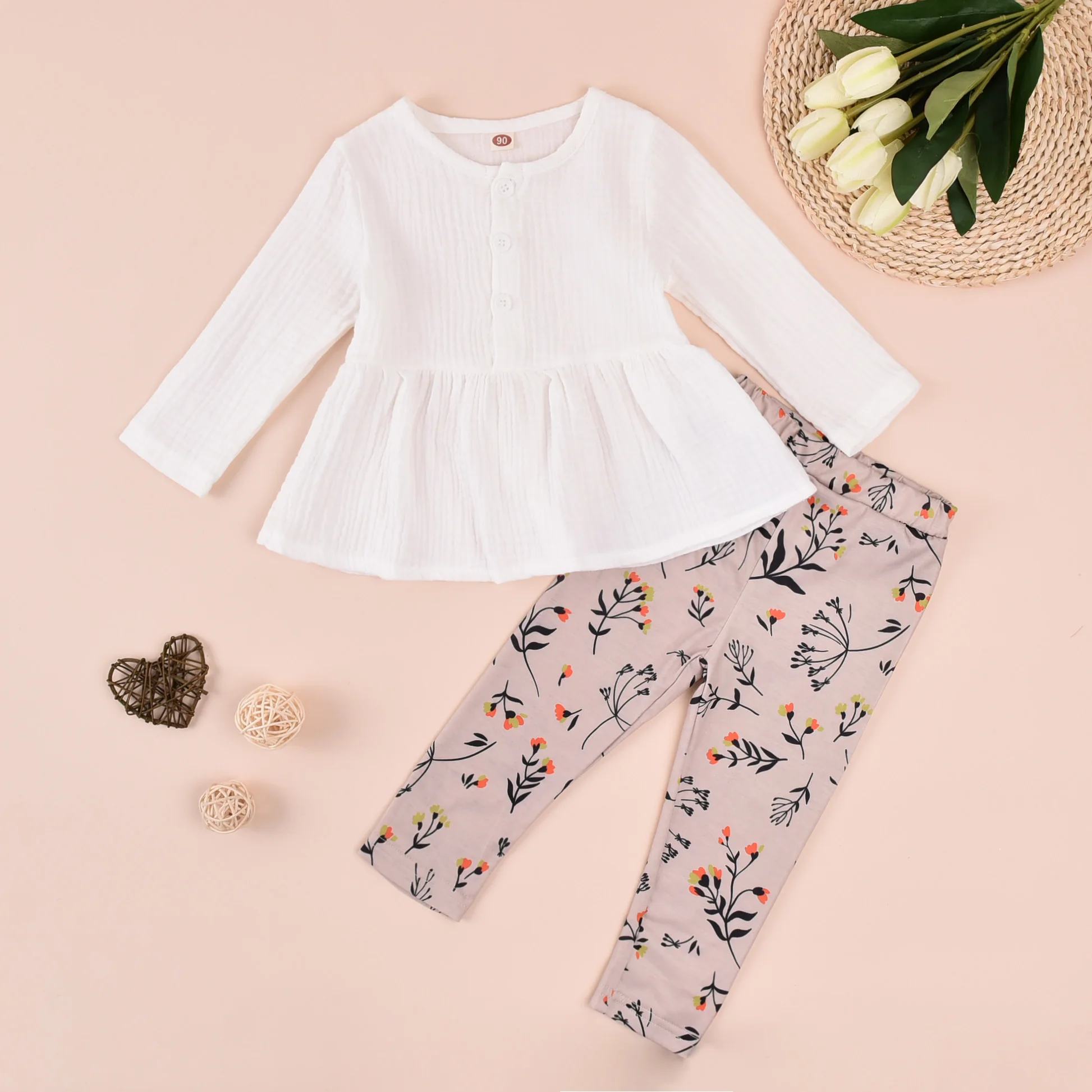 

2020 New Toddler Kids Girl Clothes Set Autumn Fashion Solid Long-Sleeves Top Dress with Ruffle Hem + Floral Pants Infant Girl