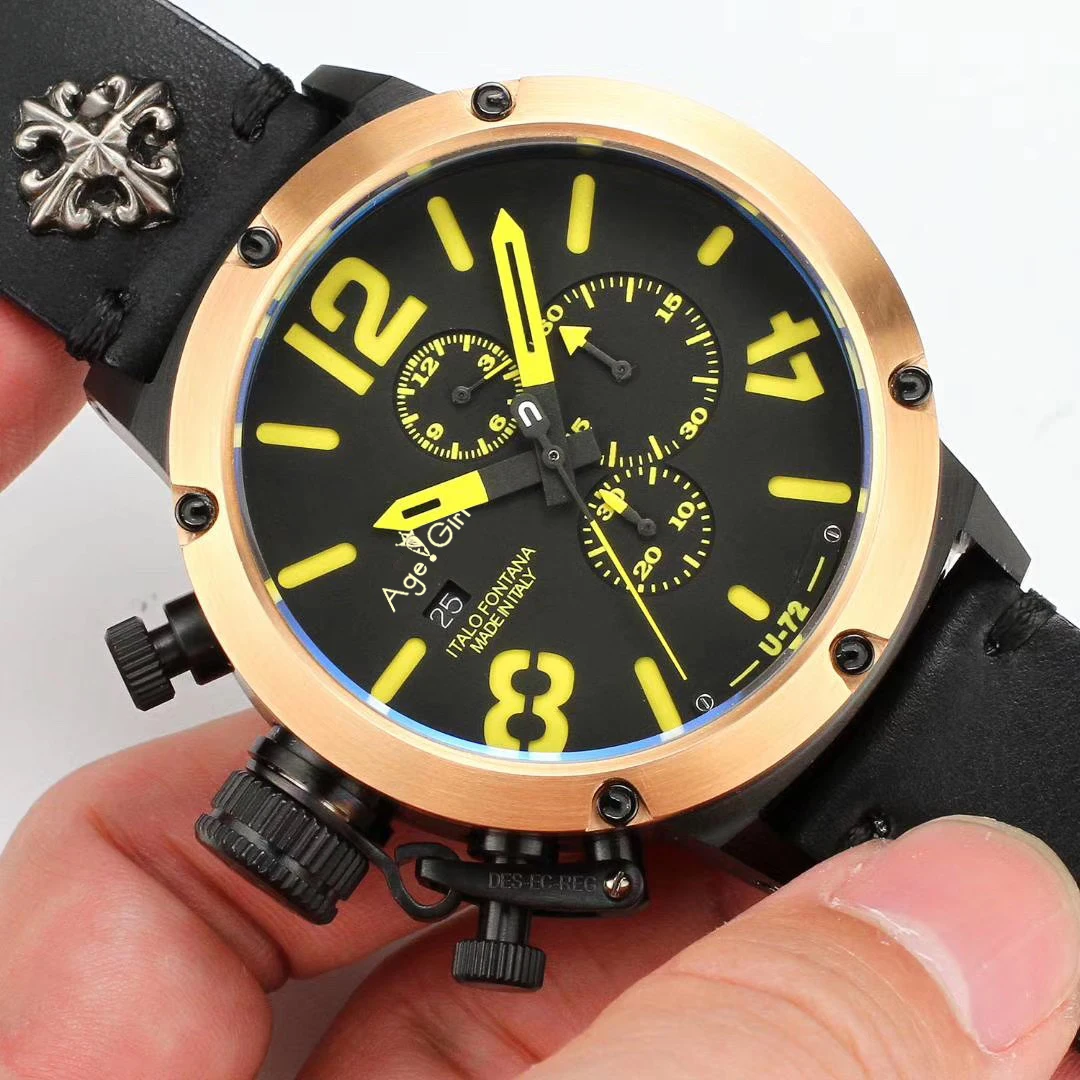 

New Chronograph Stopwatch Men U CHRONOMETER U72 Chimera Black Rose Gold Aged Brown Cow Leather Boat Watch Yellow Orange