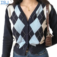vintage v neck plaid long sleeve women sweater autumn winter short knitted cardigan sweaters womes england style tops