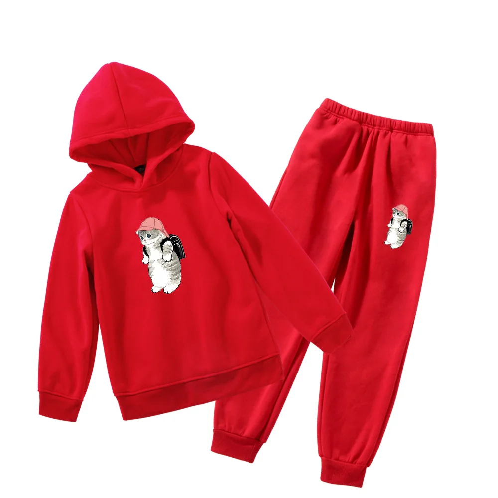 

Fashion trend cat child fall/winter thin fleece hooded sweater long guard pants casual suit multi-color optional 4-16 years old