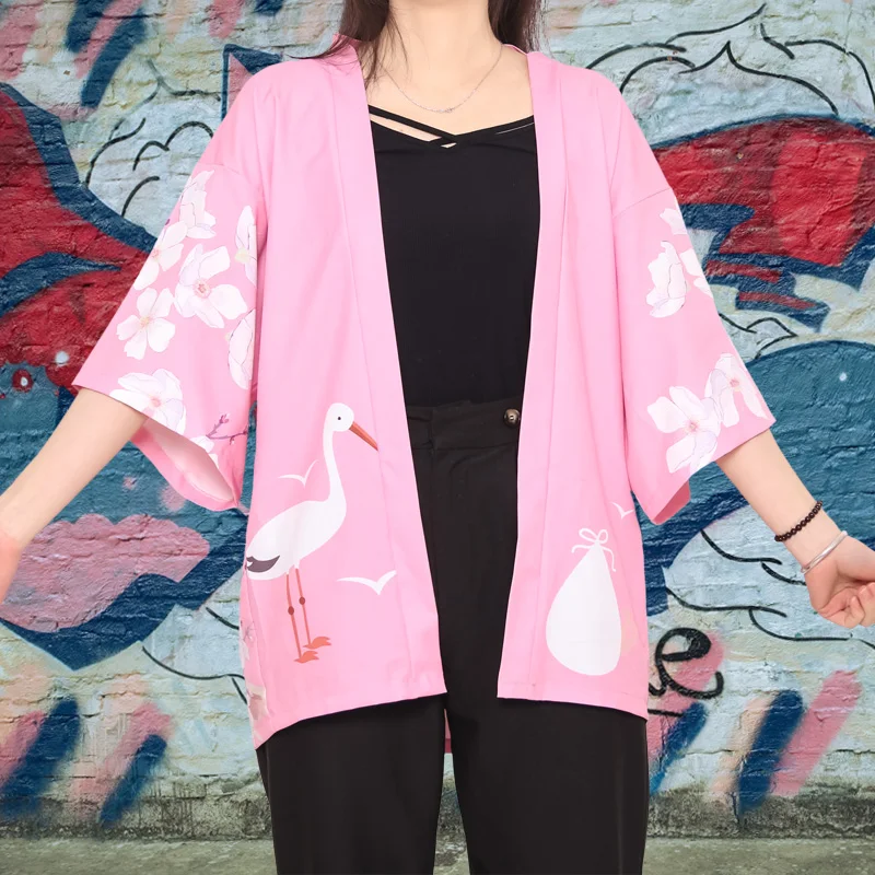 

Pink Women Japanese Kimono Streetwear Traditional Cardigan Cosplay Shirt Blouse Costume Harajuku Haori Summer Beach Kimono Wear