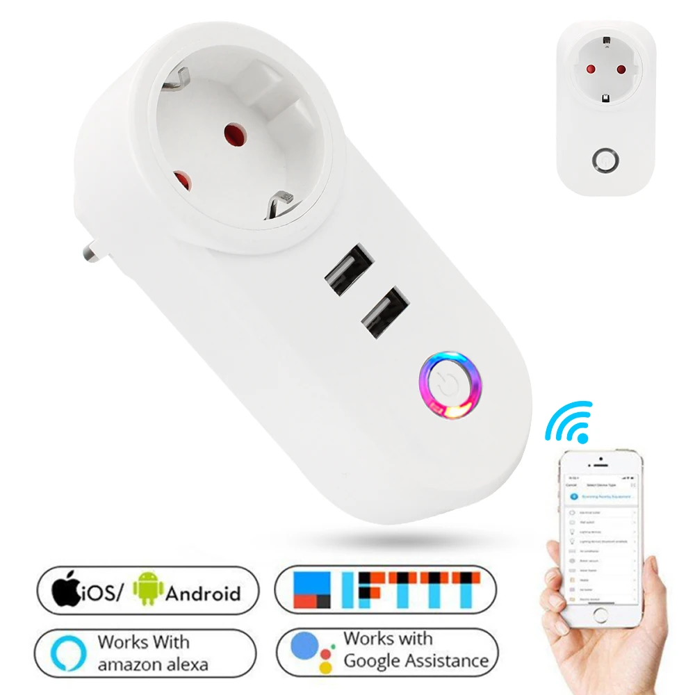 

10A Wifi Smart Plug Voice Tuya Phone Charger EU Wireless Socket Power Wi-fi USB Outlet Alex Remote Control Timer Monitor Timer