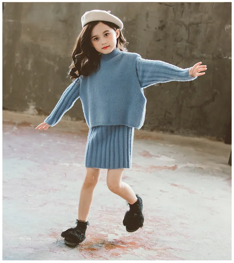 Girls Clothing set Winter Faux-wool Thick Warm Knitted Vest Dress Suit Children Costume Kids Tracksuit 8 10 Years Girls Clothes