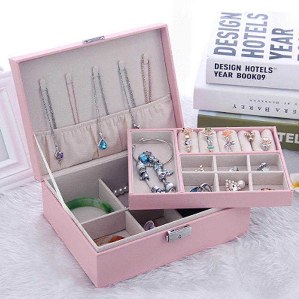 

With Lock PU Leather Holder Ring Necklace Storage Case Diamond Display Jewelry Box Solid Double Layer Home Compartments Women