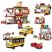 city town building block colorful world game room taxi school bus breakfast shop educational bricks toy