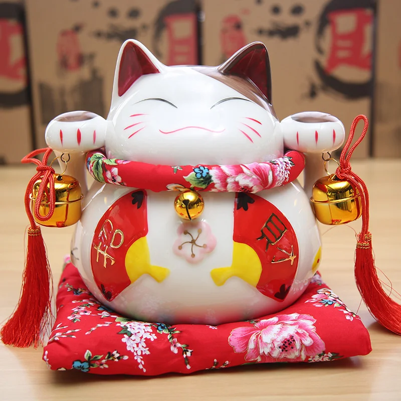 Fengshui-caja de cerámica de 8 pulgadas para el hogar, adornos de porcelana, regalos de dinero de la fortuna de gato, artesanía