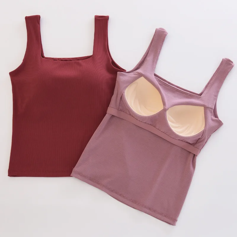 

Women Fashion Threaded Square Neck Vest with Chest Pad Lady Casual One-piece Strap Sling Tops