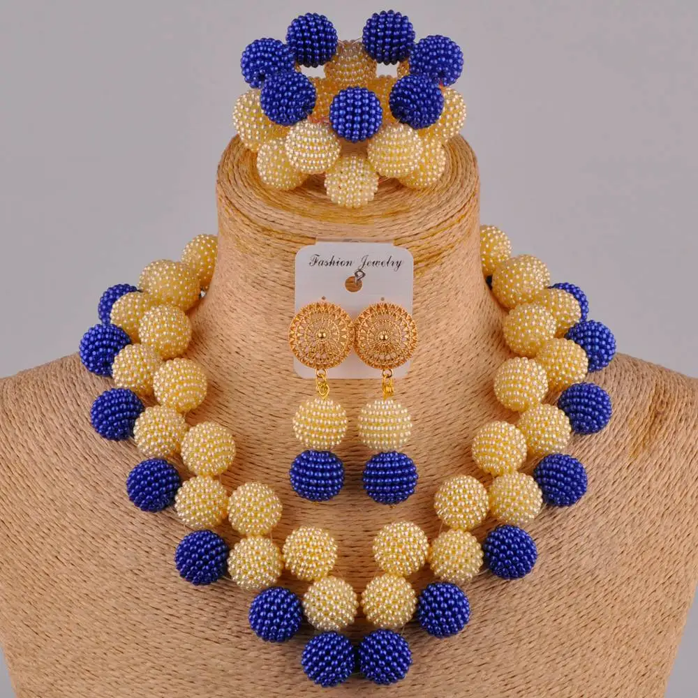 

royal blue and champagne gold african beads necklace jewelry set nigerian wedding set FZZ110